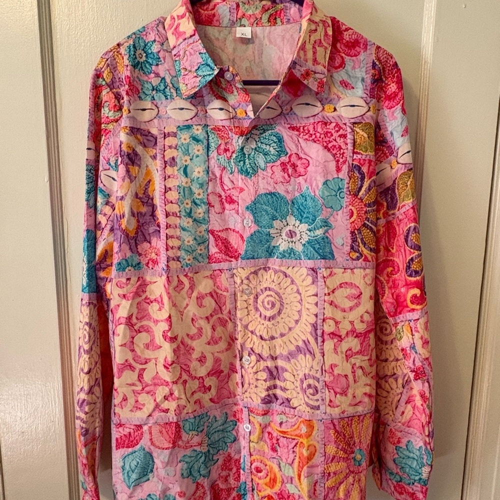 Boho Patchwork Button-Up Tunic Top in Pink & Purp… - image 4
